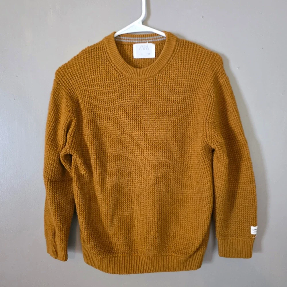 Zara Girls Mustard Yellow Sweater Size 9 Waffle Knit Crewneck Long Sleeve